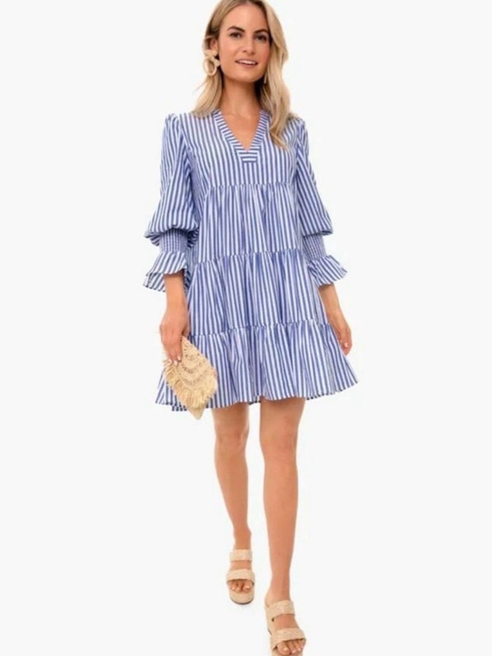 Pomander Place Blue and White Striped V-Neck Tiered Mini Dress sz XL 815